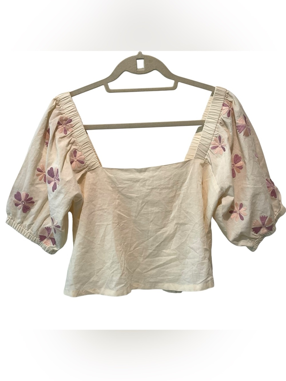 Cream Embroidered Puff Sleeve Cottagecore Boho Babydoll Blouse Size S - Picture 3 of 5